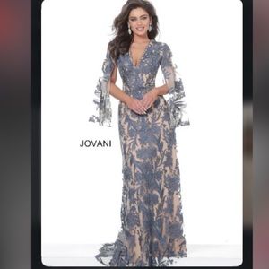 Jovani 00752 Navy Nude V Neck Lace Evening Dress  NWT Size 10